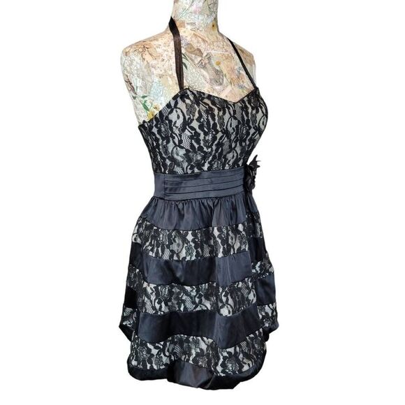 Cocktail Party Evening Black Lacey Layers Satin Strapless Sweetheart Mini Dress - Picture 7 of 11